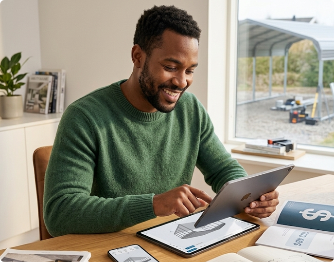 A metal-building dealer at a laptop configuring and pricing a building in TrussIQ