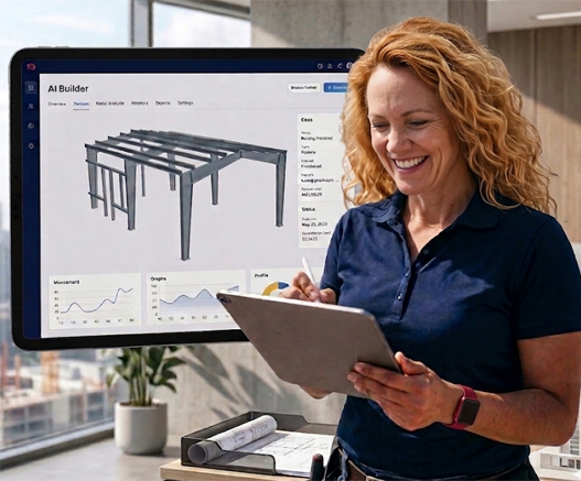 A field supervisor in a hard hat reviewing the TrussIQ CRM on a tablet on site