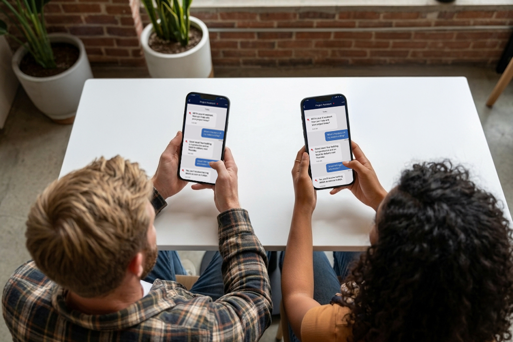 Two people each reading the same project conversation on their phone