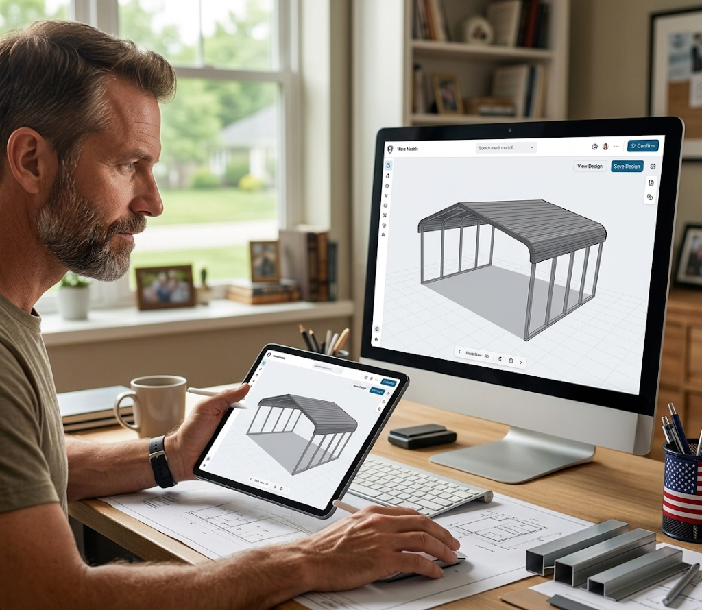 A dealer configuring a 3D carport on a tablet alongside the same design on a desktop screen
