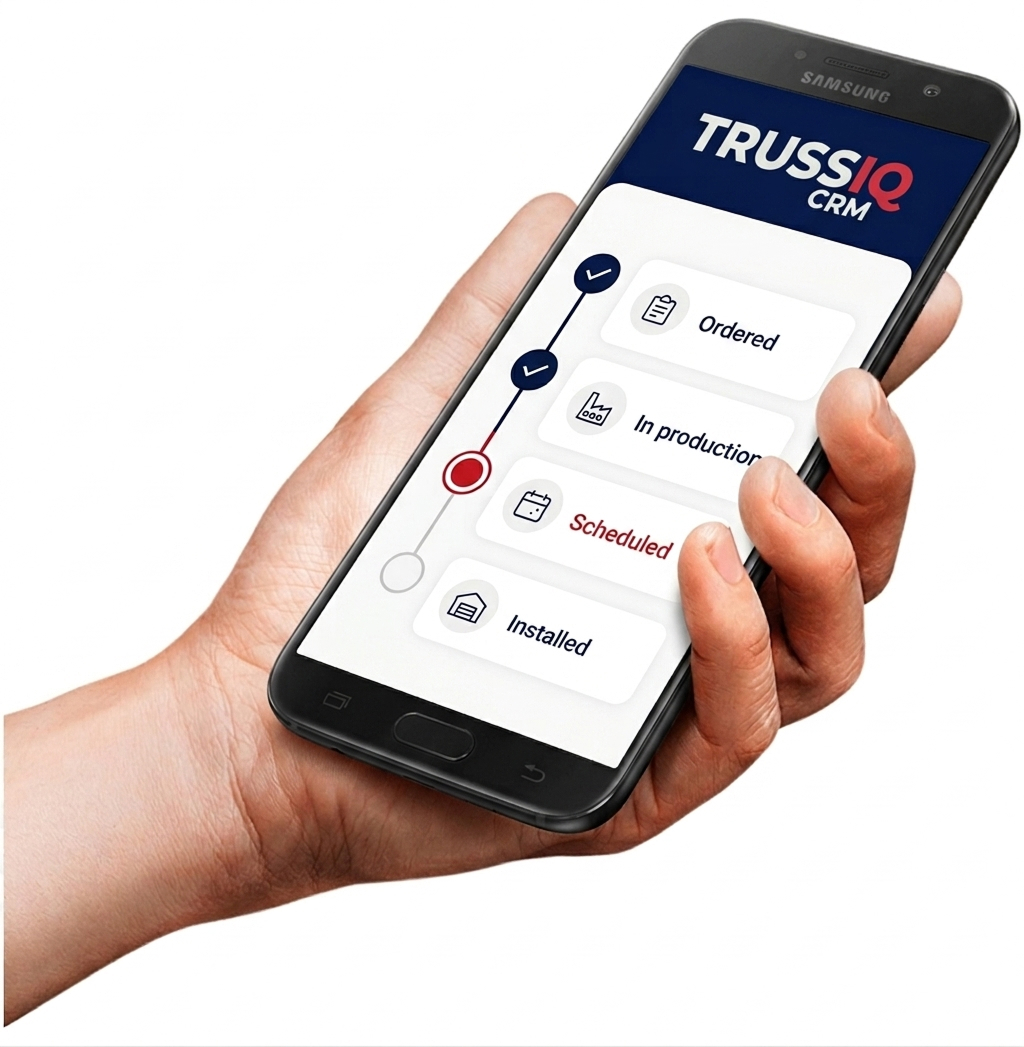 A hand holding a phone showing a customer-safe, no-login job-status timeline