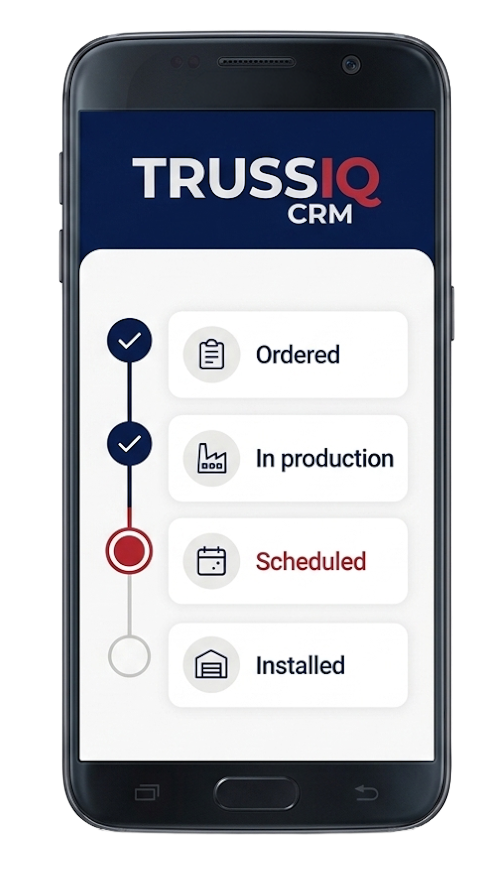 A phone showing a clean job-status timeline: Ordered, In production, Scheduled, Installed