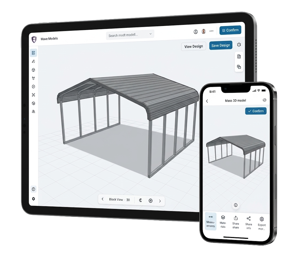 A 3D metal building being configured with an options panel (roof style, colors, doors) and a live total price
