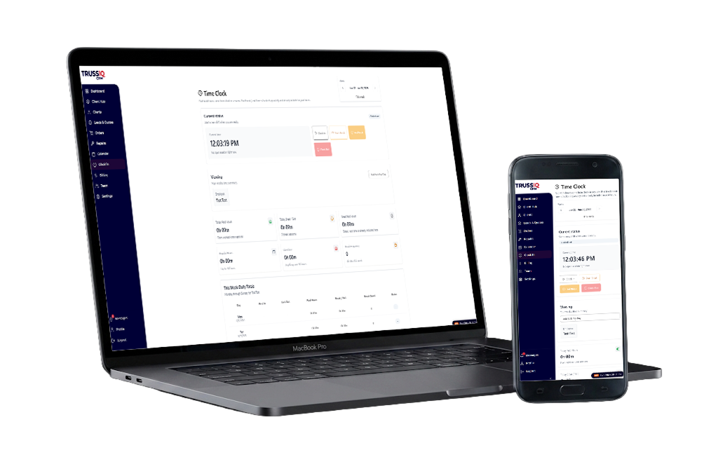 The TrussIQ Time Clock shown on a laptop and a phone