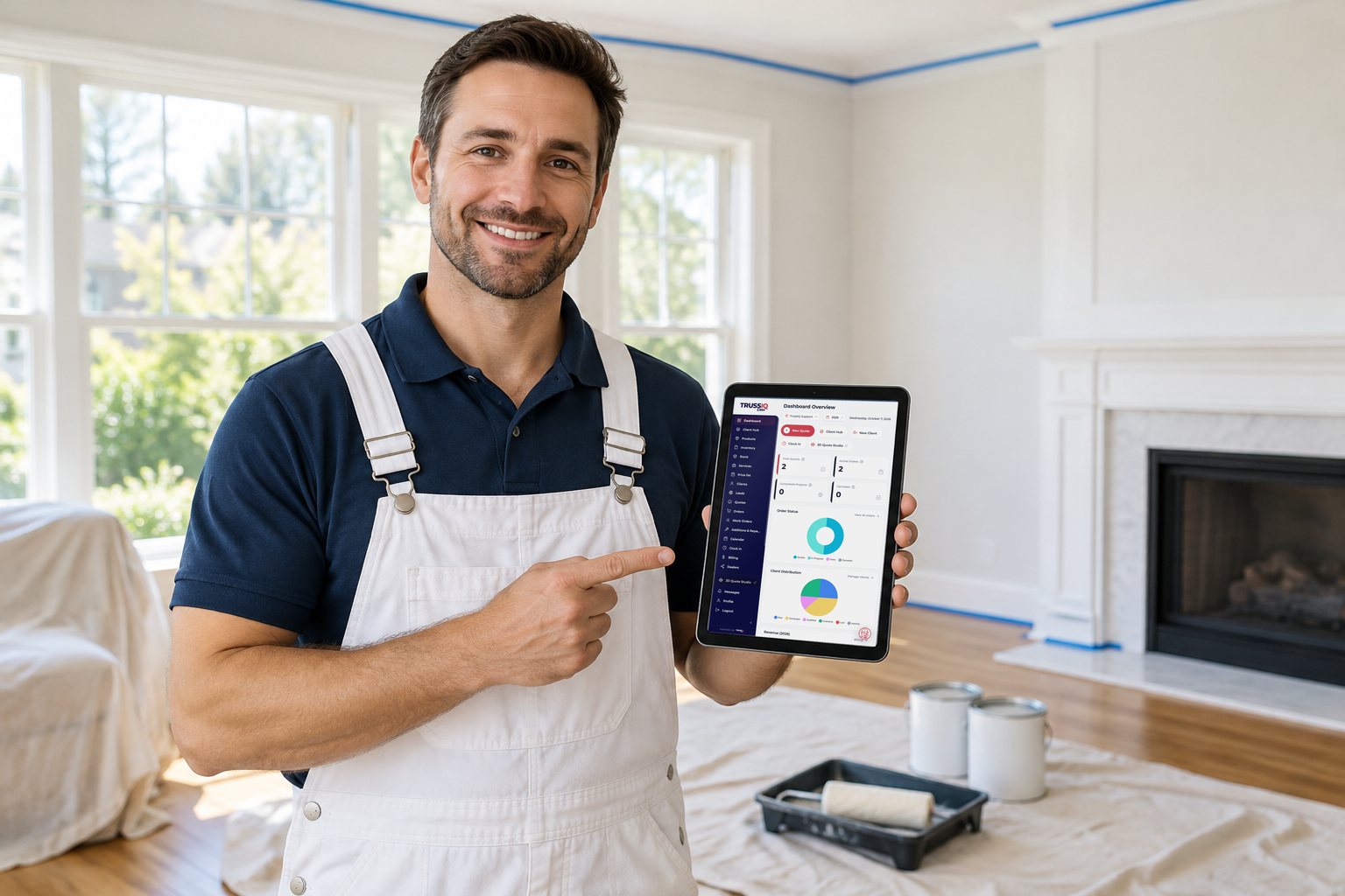A house painter in a freshly painted living room reviewing a square-foot quote on a tablet