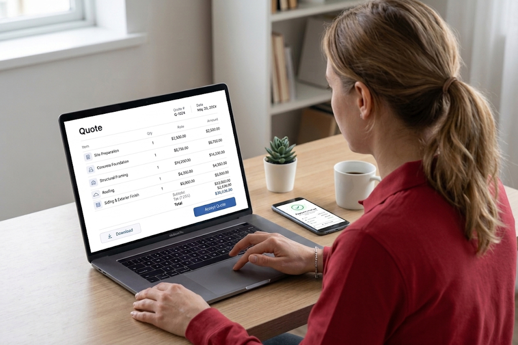 A client reviewing and e-signing a quote on a laptop with payment confirmed on a phone