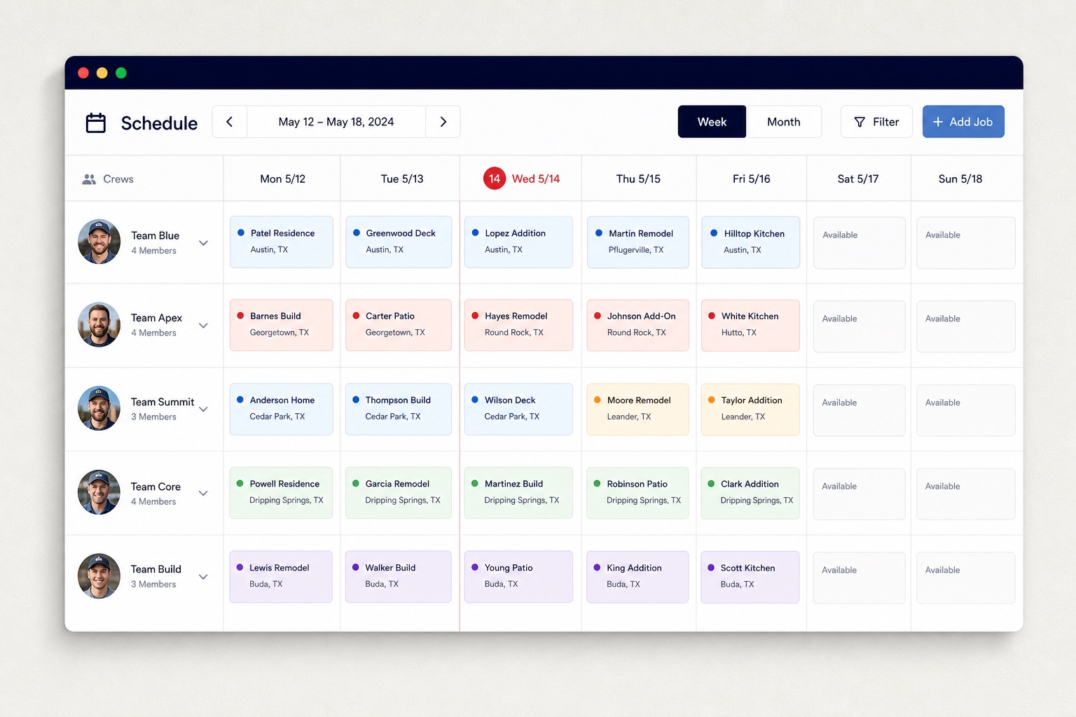 A scheduling board / calendar with job cards assigned to named crews across days, clean SaaS UI
